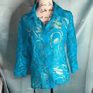 Notations Petite Sheer Button Up 3/4 Sleeve Blouse LP